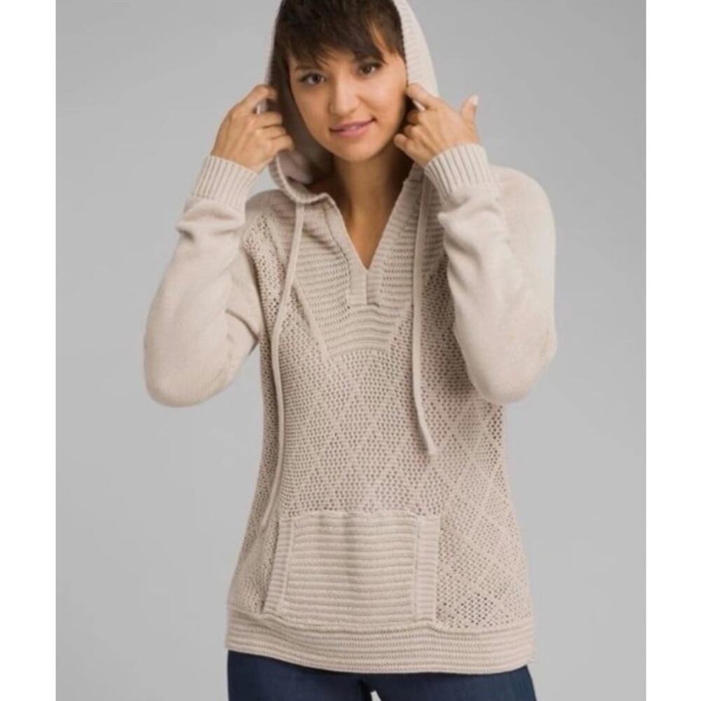 PrAna Women’s Sugar Beach Pullover Hooded V-Neck Sweater Tan Large No Drawstring